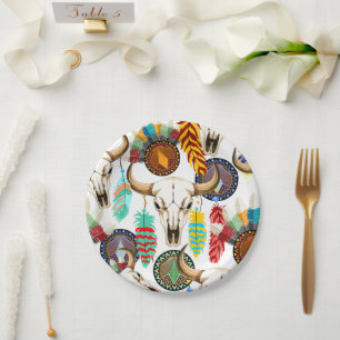 Assiettes En Carton Emblème amérindien de crâne de buffle