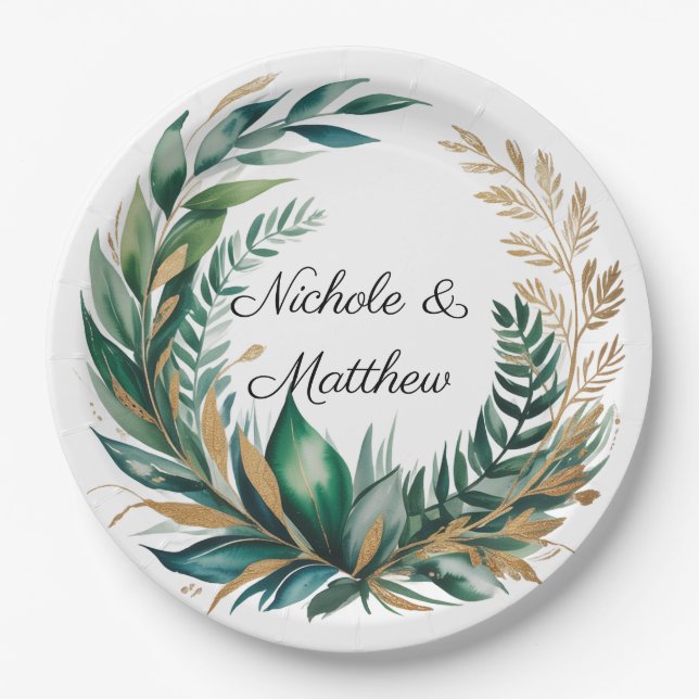 Assiettes En Carton Emerald Green and Gold Floral Frame Wedding (Devant)