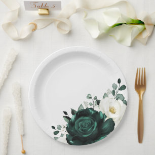 Assiettes En Carton Emerald Green Eucalyptus Blanc Floral Mariage