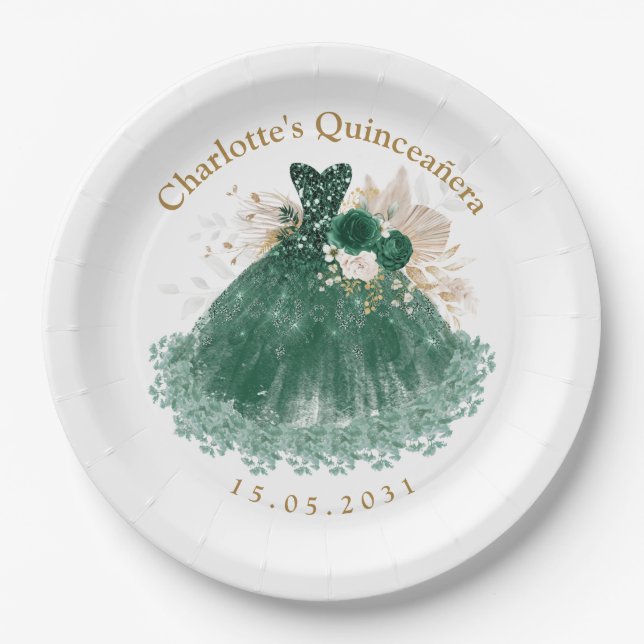 Assiettes En Carton Emerald Green Floral Quinceanera Princesse (Devant)