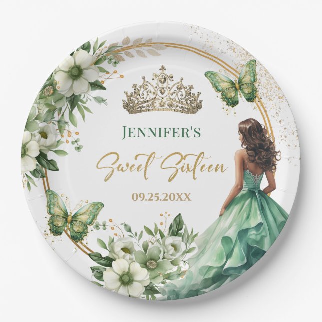 Assiettes En Carton Emerald Green Girl Princess Tiara Floral Sweet 16 (Devant)