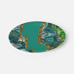 Assiettes En Carton Emerald Green & Gold Agate Parties scintillant
