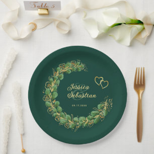 Assiettes En Carton Emerald Green & Gold Eucalyptus Jewel Mariage