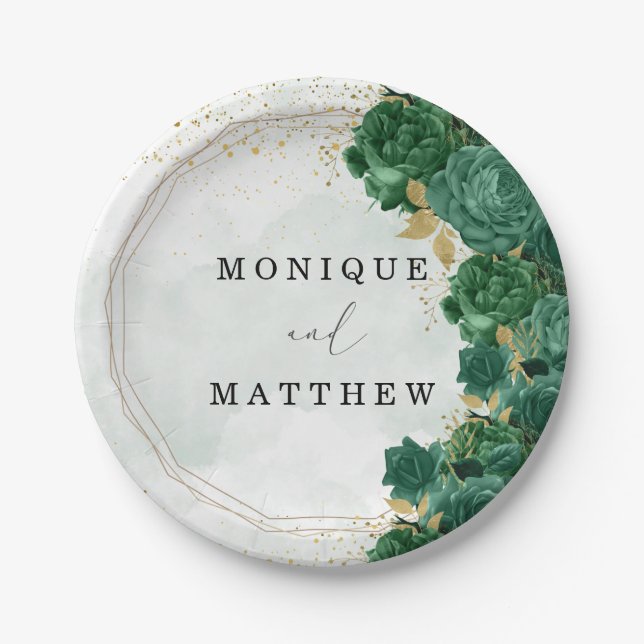 Assiettes En Carton Emerald Green Peony Gold Shine Mariage (Devant)