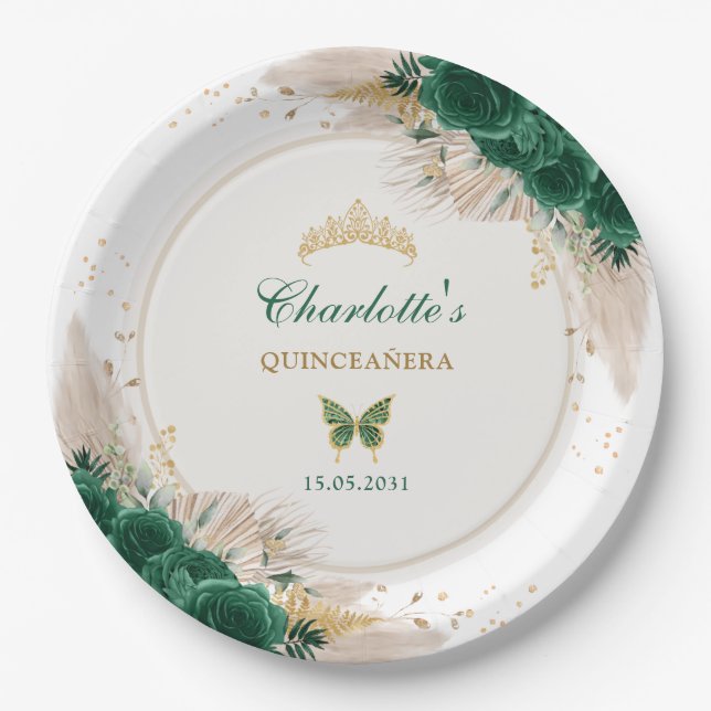 Assiettes En Carton Emerald Green Quinceanera Princess Miss Quince 15 (Devant)