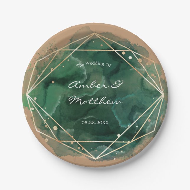 Assiettes En Carton Emerald Green Tan Aquarelle Mariage (Devant)