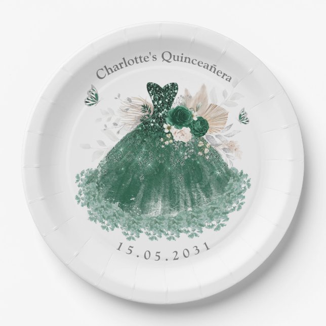 Assiettes En Carton Émeraude Vert Argent Quinceanera Princesse (Devant)