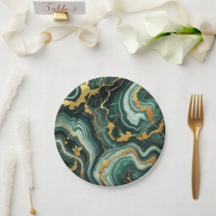 Assiettes En Carton Émeraude Vert & Or Marbre Vue Mariage Glamour