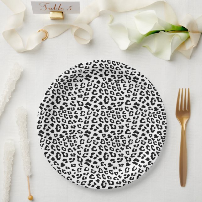 Assiettes En Carton Empreinte de léopard noir et blanc (Mariage)