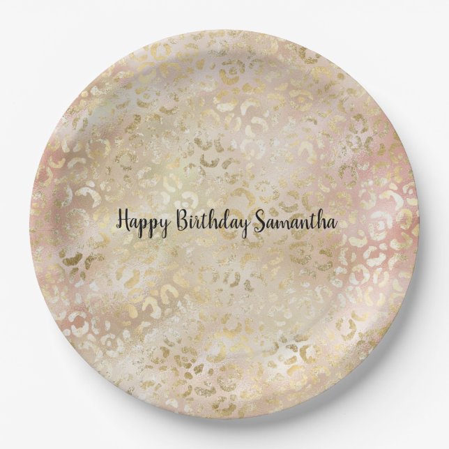 Assiettes En Carton Empreinte de léopard rose Rose or (Devant)