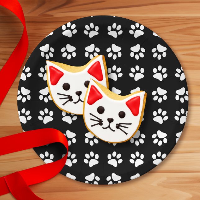 Assiettes En Carton Empreinte de patte de chat Motif noir et blanc Ann (Créateur téléchargé)