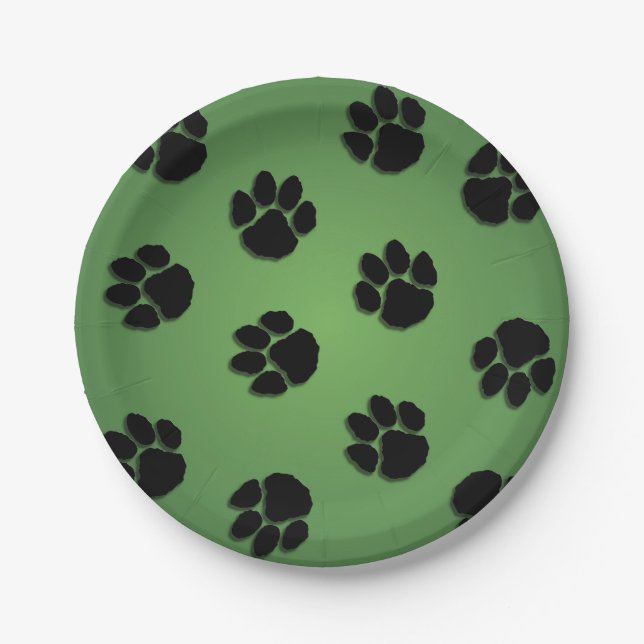 Assiettes En Carton Empreintes de pattes sur fond vert (Devant)