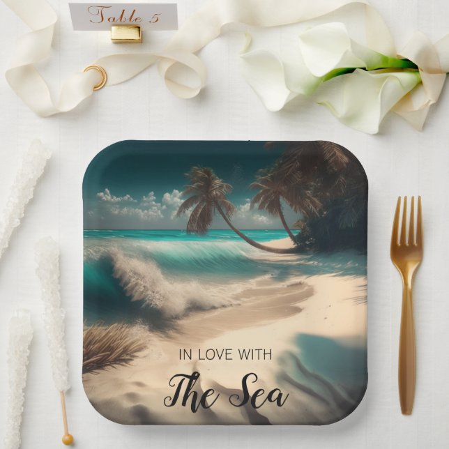 Assiettes En Carton En amour avec la mer | Art tropical (Mariage)