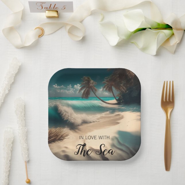Assiettes En Carton En amour avec la mer | Art tropical (Mariage)