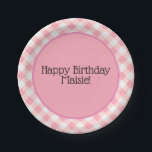 Assiettes En Carton En vichy Anniversaire rose et blanc<br><div class="desc">Cute rose et blanc en vichy plaque de papier personnalisé fête d'anniversaire.</div>