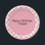 Assiettes En Carton En vichy Anniversaire rose et blanc<br><div class="desc">Cute rose et blanc en vichy plaque de papier personnalisé fête d'anniversaire.</div>
