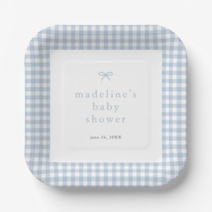 Assiettes En Carton en vichy Baby shower simple Bow Dusty Blue Boys