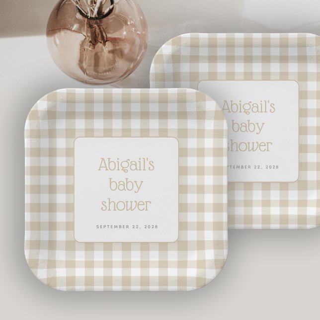 Assiettes En Carton En vichy beige Vérifier Baby shower rustique (Créateur téléchargé)