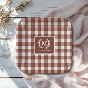 Assiettes En Carton En vichy Brown Monogramme Crest