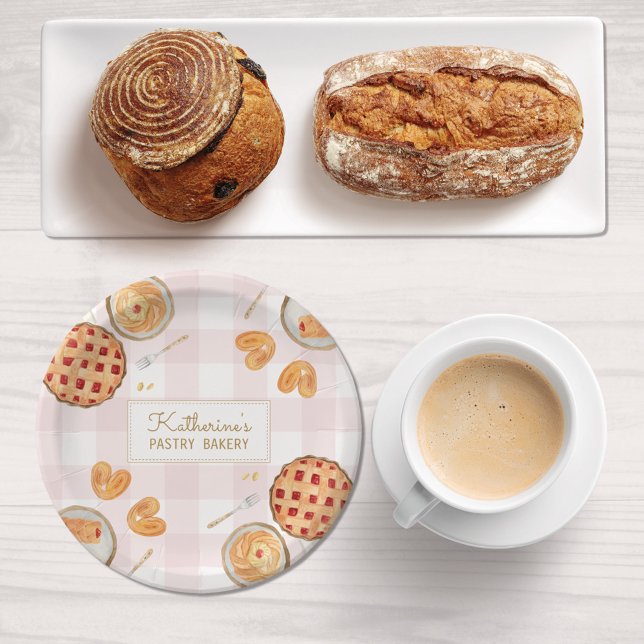 Assiettes En Carton en vichy Motif Pâtisseries Aquarelle Boulangerie b (In situ)