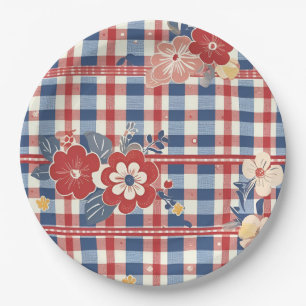 Assiettes En Carton En vichy patriotique aux accents floraux   Rouge b