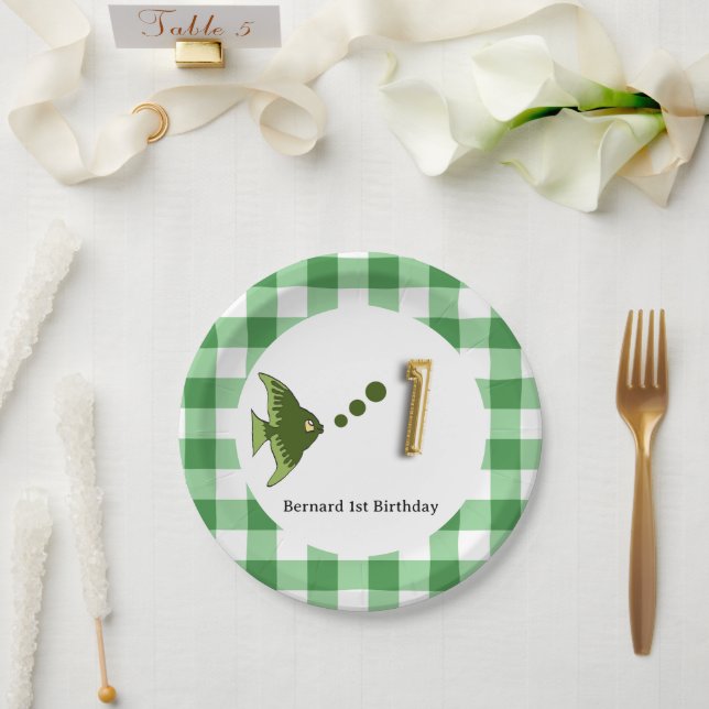 Assiettes En Carton en vichy, Poisson vert et Balcon 1er anniversaire (Mariage)