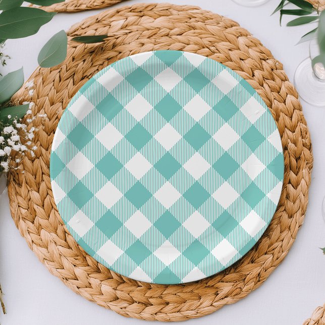 Assiettes En Carton En vichy turquoise et blanc (Créateur téléchargé)