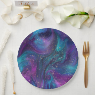 Assiettes En Carton Encre cosmique   Turquoise bleu violet Galaxie Neb