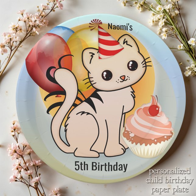 Assiettes En Carton Enfant adorable de Cute Kitty (Cute kitty festive child birthday paper plates featuring a kitten with balloons and a cupcake. )