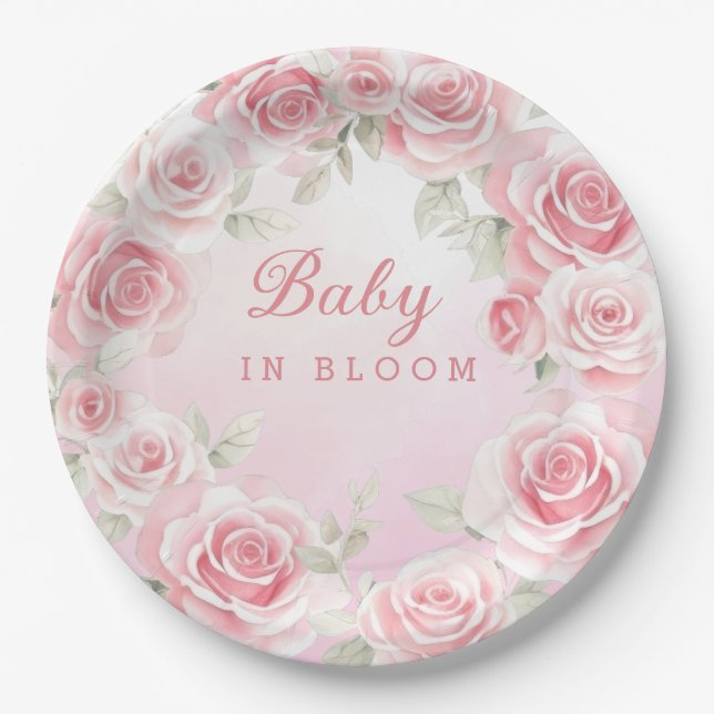 Assiettes En Carton Enfant moderne en fleurs Baby shower floral rose f (Devant)