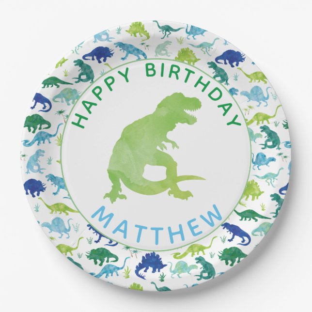 Assiettes En Carton Enfants Dinosaur Motif de fête d'anniversaire Gree (Devant)