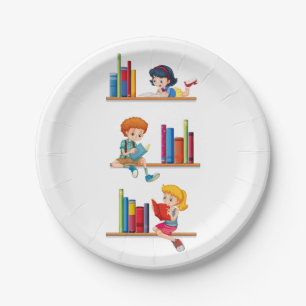 Assiettes En Carton Enfants lisant des livres sur une étagère