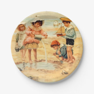 Assiettes En Carton Enfants victoriens vintage à la plage, Beaux-Arts