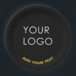 Assiettes En Carton Entreprise personnalisable Ajouter Logo Noir moder<br><div class="desc">Ajoutez votre logo ou image à ce design noir moderne et élégant. Vous pouvez simplement ajouter le logo, l'image ou la photo personnelle de votre entreprise. Logo modifiable, photo commerciale ou cadeau personnel individuel pour un ami, un collègue ou toute autre personne. Personnel d'entreprise personnalisable design moderne. Logo personnalisable cadeaux...</div>