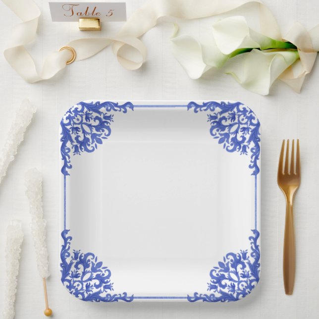 Assiettes En Carton Enveloppe de Fête des mariées florale bleu et blan (Mariage)