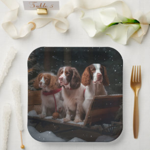 Assiettes En Carton Épagneul Breton Traîneau enneigé Décor de Noël