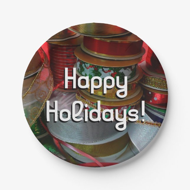 Assiettes En Carton Épaves de Noël Ruban Holiday Rouge et or (Devant)