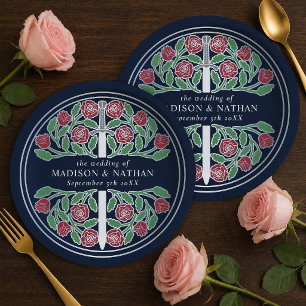 Assiettes En Carton Épée florale médiévale royale bleu argent Mariage