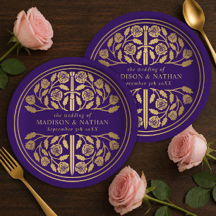 Assiettes En Carton Épée médiévale royale violet or mariage