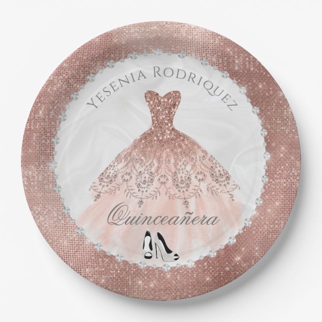 Assiettes En Carton Éperche rose or diamant Glam Quinceañera (Devant)