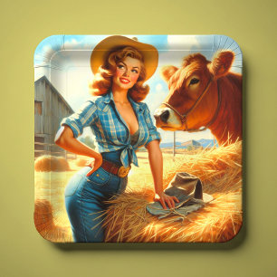 Assiettes En Carton Épinglette de cowgirl mignonne vintage