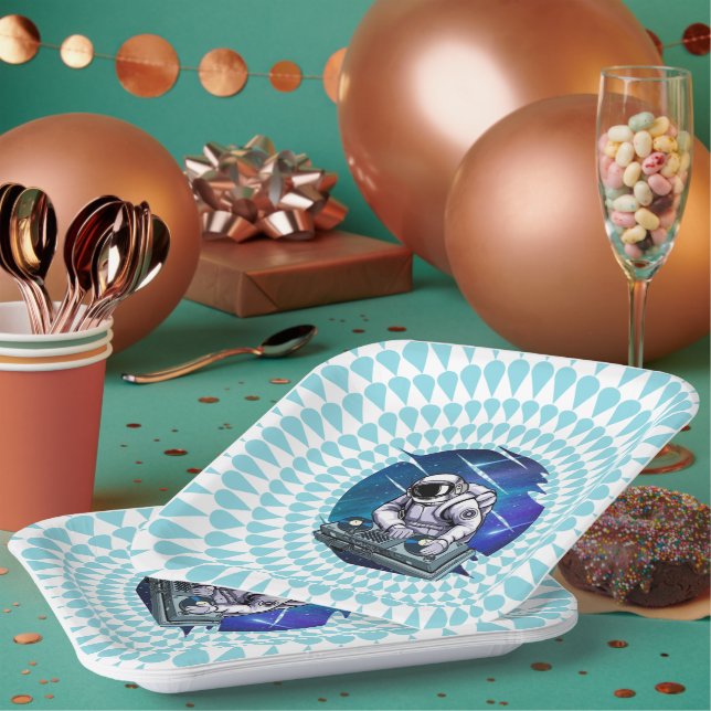 Assiettes En Carton Espace DJ de l'astronaute Arrière - plan bleu (Multi)