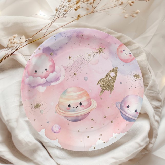 Assiettes En Carton Espace extérieur Planètes et étoiles rose fille an (Créateur téléchargé)