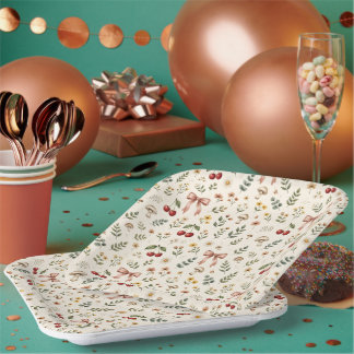 Assiettes En Carton Esthétique Coquette Cerise Rouge et Motif Ruban Ro