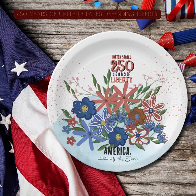 Assiettes En Carton États-Unis 250 ans Floral Patriotic (United States 250 Years Floral Patriotic Paper Plates)