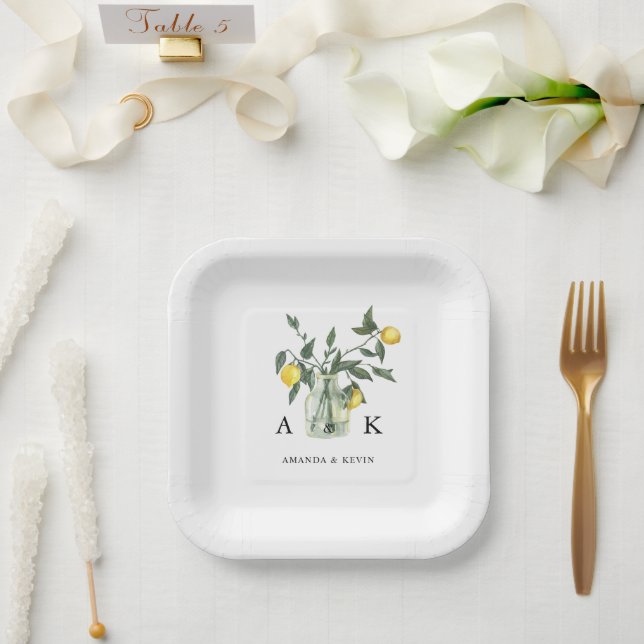 Assiettes En Carton Été Citrus Citron vert Monogramme Mariage (Mariage)
