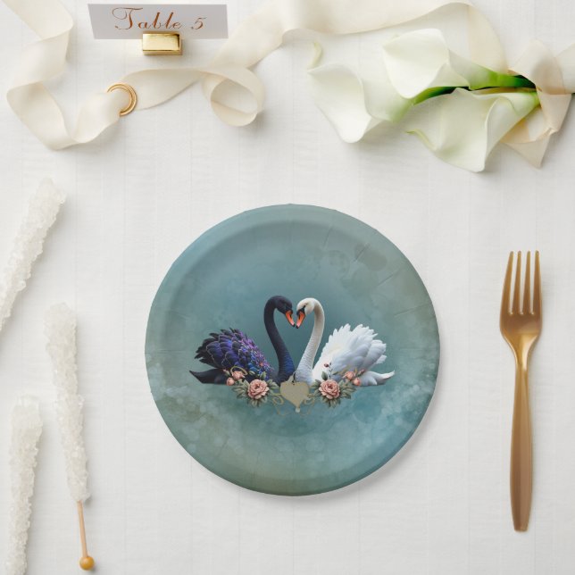 Assiettes En Carton Eternal Bond, Black and White Swans in Love. (Mariage)