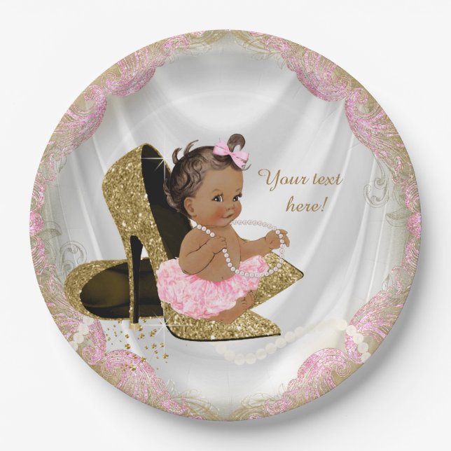 Assiettes En Carton Ethnic Girl'or rose Baby shower haut talon (Devant)