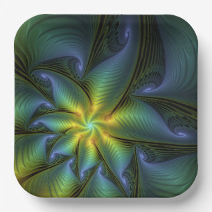 Assiettes En Carton Etoile Abstraite, Bleu brillant Vert Or Fractal Ar