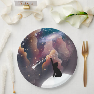 Assiettes En Carton Étoile de tir de l'espace de chat noir